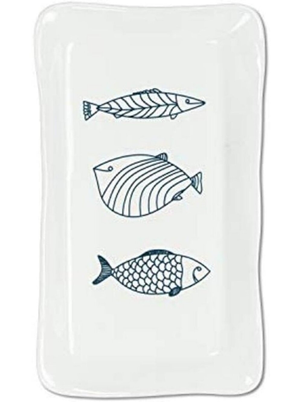 Large Rectangle Fish Plate - Stoneware, White & Blue, 12” Perfect for Dining
